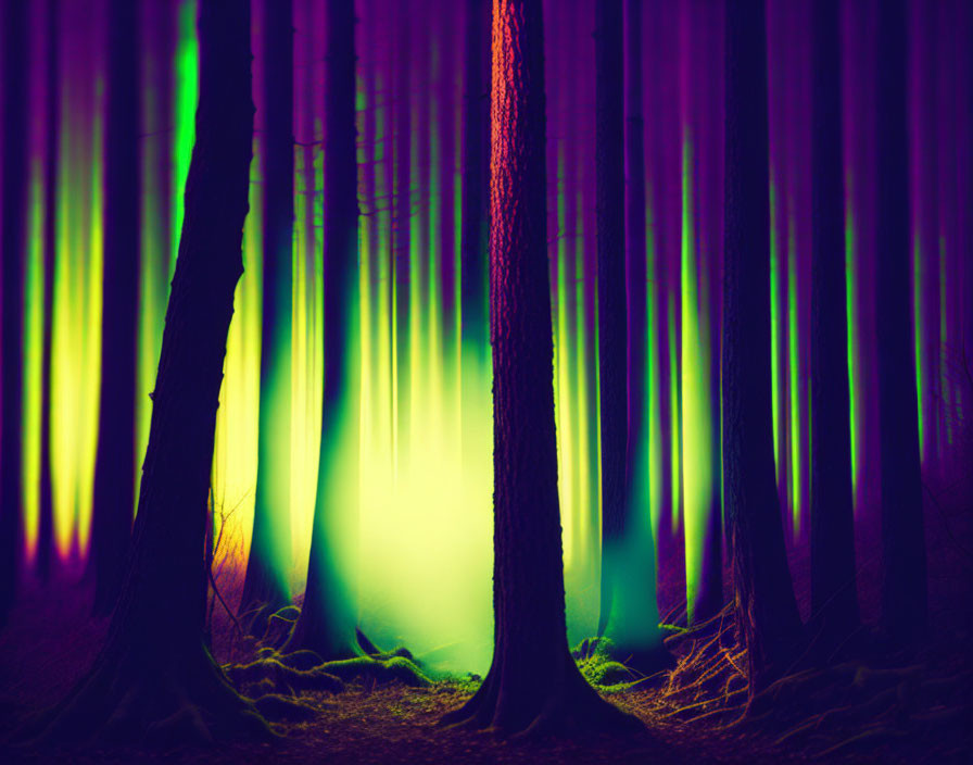 Mystical Forest with Tall, Slender Trees and Ethereal Lighting