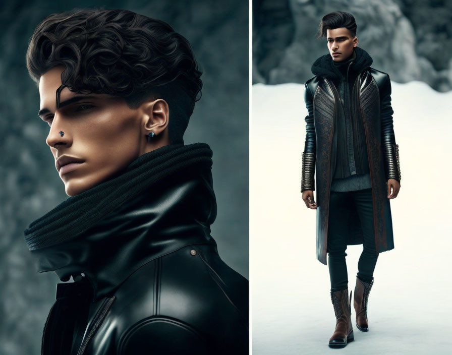 Fashionable man in leather jacket and scarf in winter scene