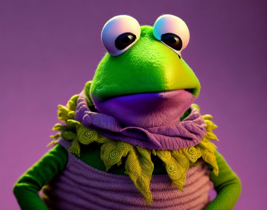 Colorful Close-Up: Kermit the Frog in Green & Yellow Scarf on Purple Background