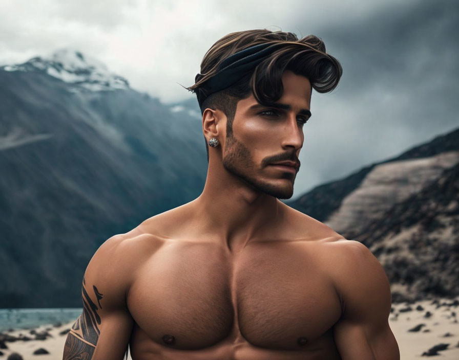 Muscular shirtless man with beard and tattoo poses in mountainous scenery