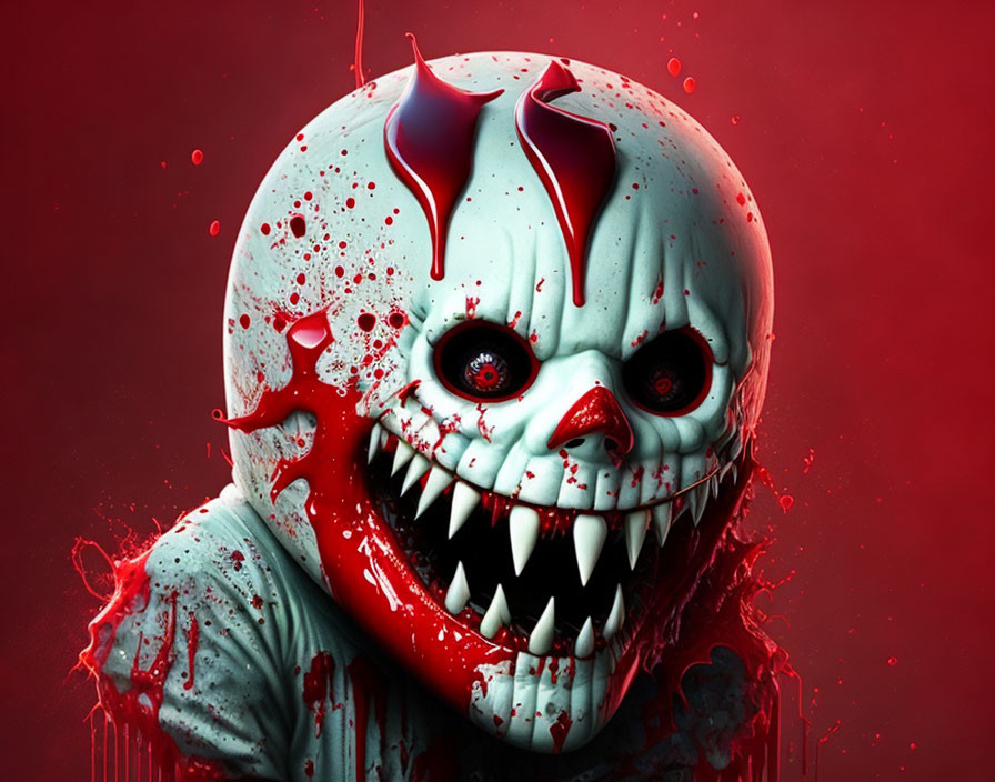 Menacing clown face with blood splatters and sharp teeth on red background