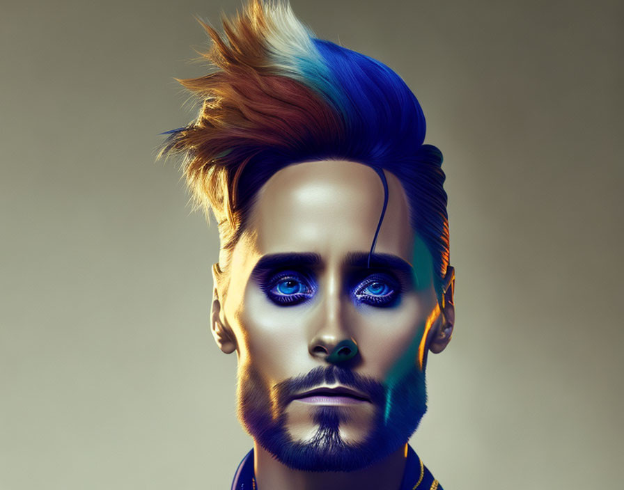 Vividly colored hair and striking blue eyes in stylized portrait