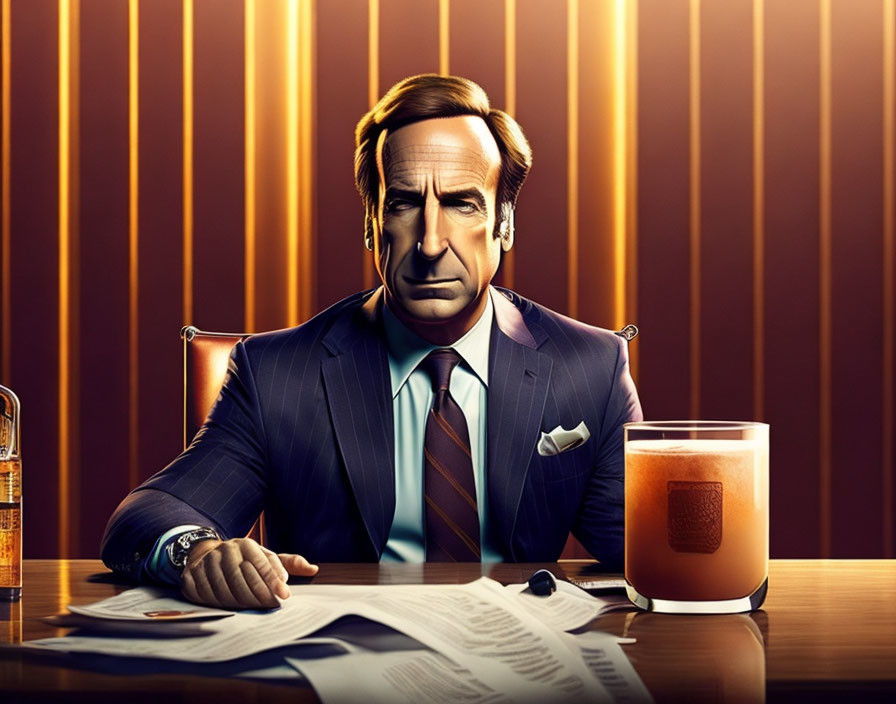 Illustrated man in suit at desk with whiskey glass on amber background