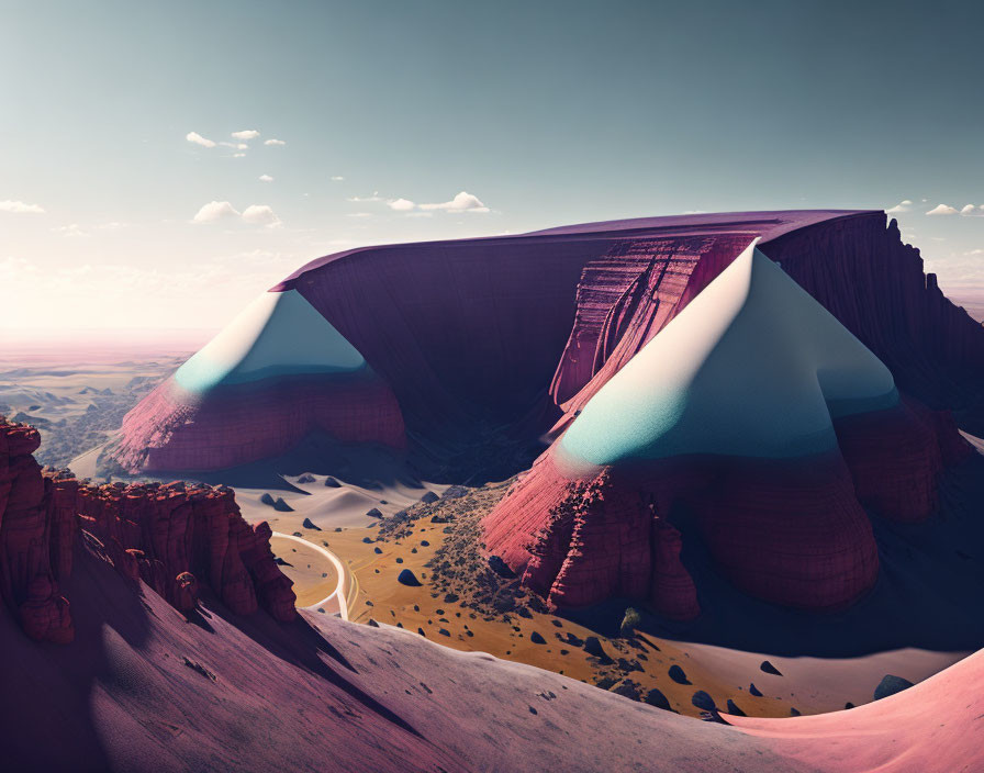 Curved Red Rock Formations and White Peaks in Surreal Landscape