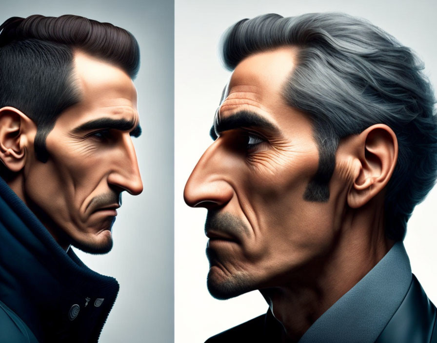 Stylized man with exaggerated features in side-by-side portraits