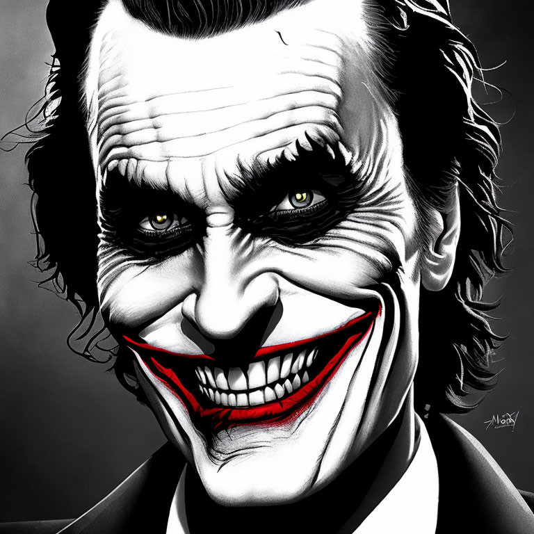 Monochrome illustration of a man with menacing smile and dark eye make-up