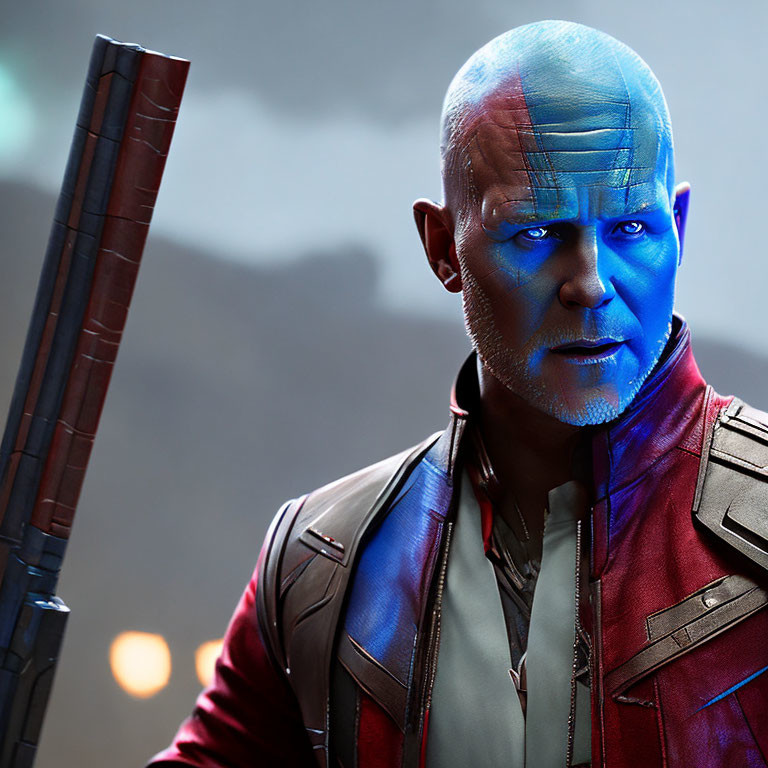 Blue-skinned cybernetic humanoid with mohawk and tattoos in leather jacket with weapon.