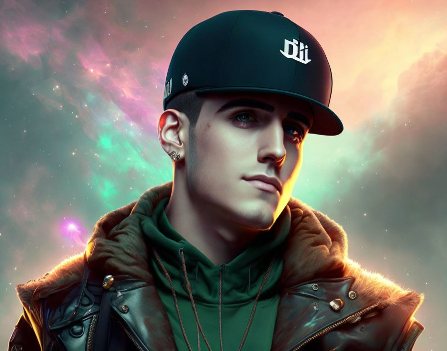 Young man in black cap and green jacket against cosmic backdrop