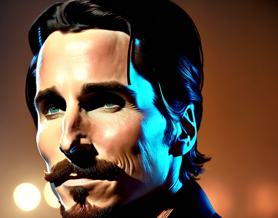 Digital portrait of a man with cheekbones, mustache, and slicked-back hair