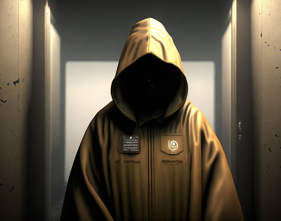 Person in Golden Hooded Jacket with Badge in Dimly Lit Space