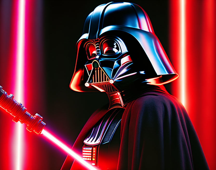 Sinister Darth Vader with red lightsaber in red-lit darkness