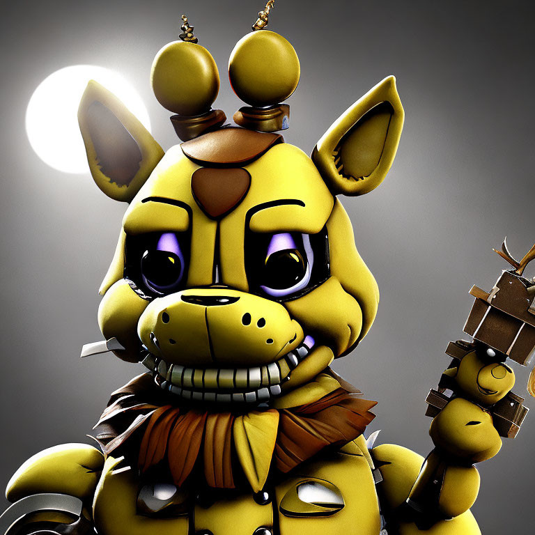 Yellow robotic bear with purple eyes, crown, bow tie, and microphone illustration