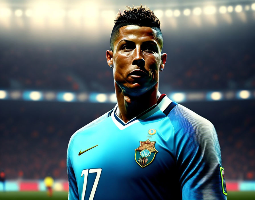 Digital Artwork: Male Soccer Player with Unique Hairstyle in Light Blue Number 17 Jersey in Stadium