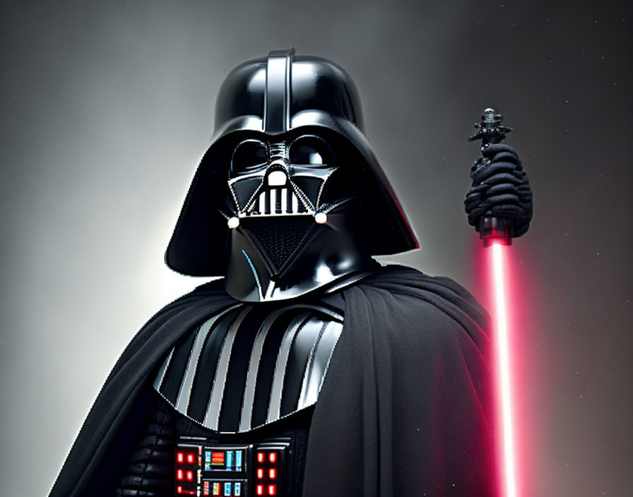 Sci-fi character in black helmet, cape, and red lightsaber on grey backdrop