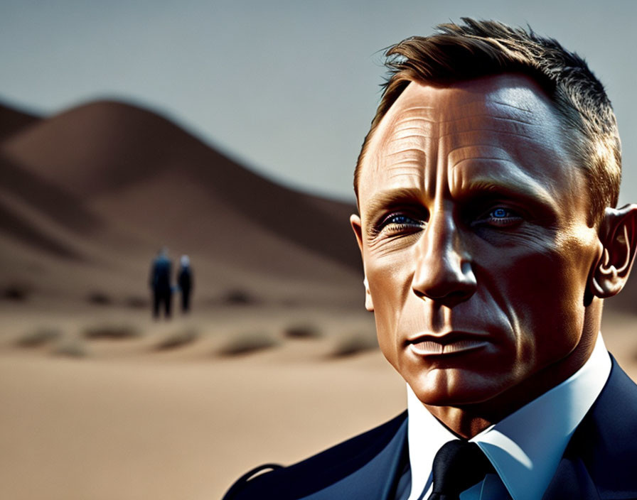 Detailed photorealistic illustration of a man in a suit with intense gaze against desert backdrop.