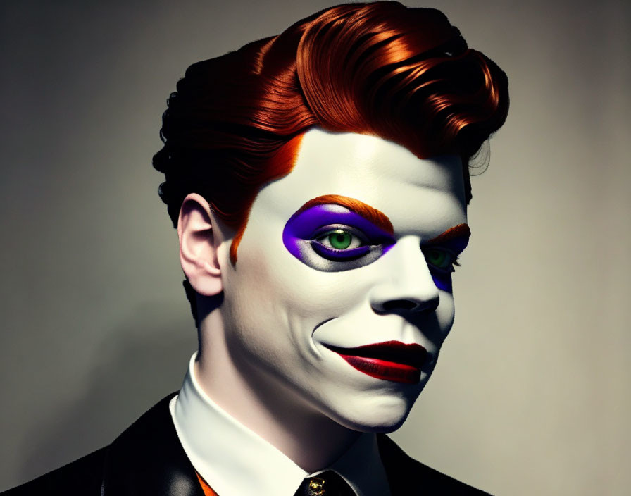 Portrait of a person with Joker-inspired makeup and green eye on grey background