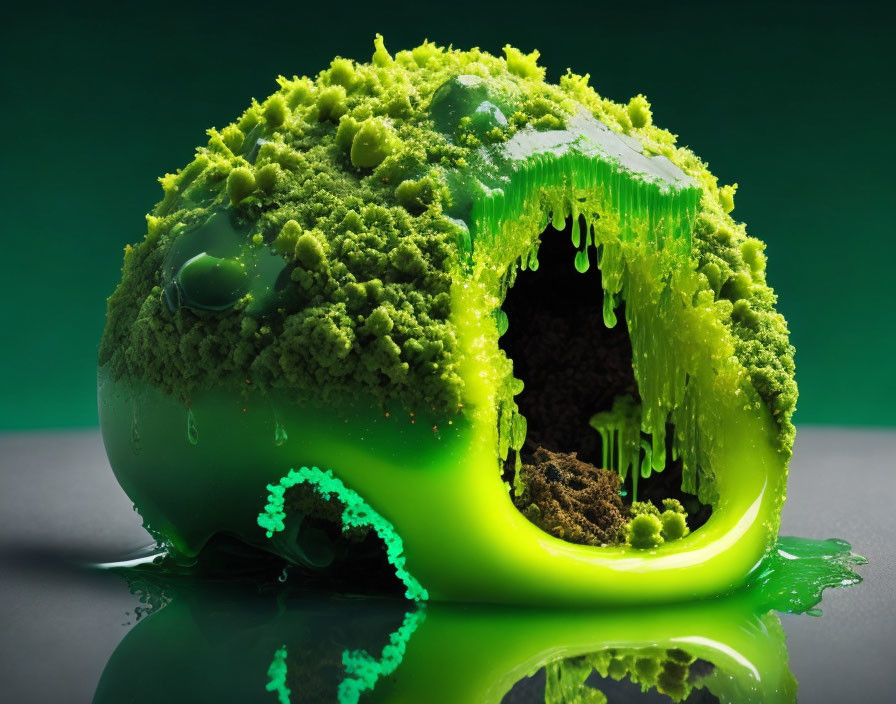 Glossy Green Spherical Dessert with Dark Textured Interior