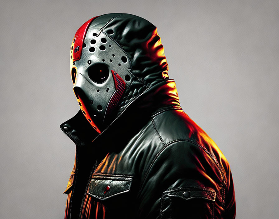 Figure in Leather Jacket and Red/Black Hockey Mask on Gray Background