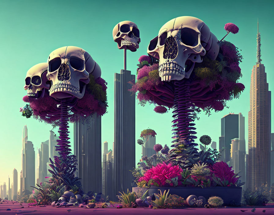 Colorful artistic skulls on spring-like structures in futuristic cityscape