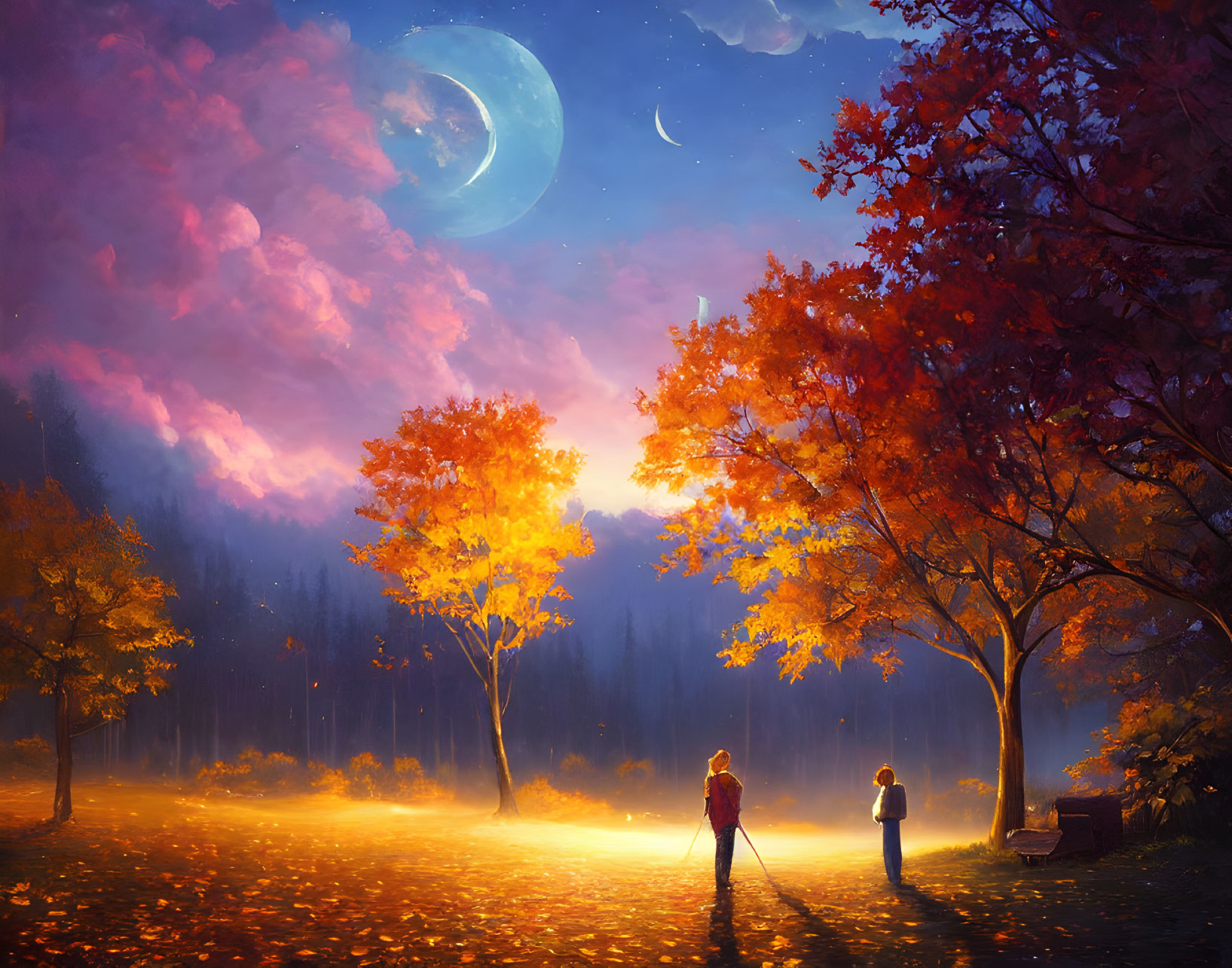 Night scene with two people under crescent moon and autumn trees