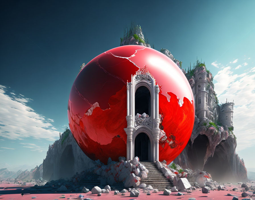 Surreal image of cracked red sphere with arch doorway in rocky landscape