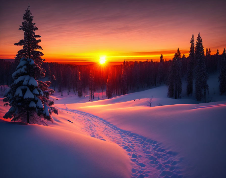 Vibrant Orange and Purple Winter Sunrise Over Snowy Landscape