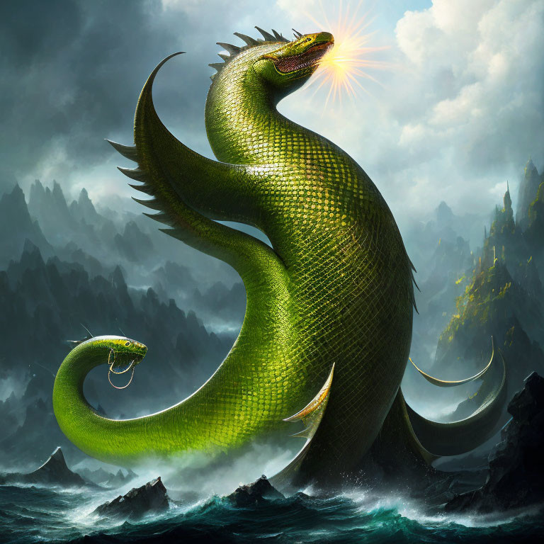 Majestic green dragon with glowing eyes and sharp claws in stormy sea waters