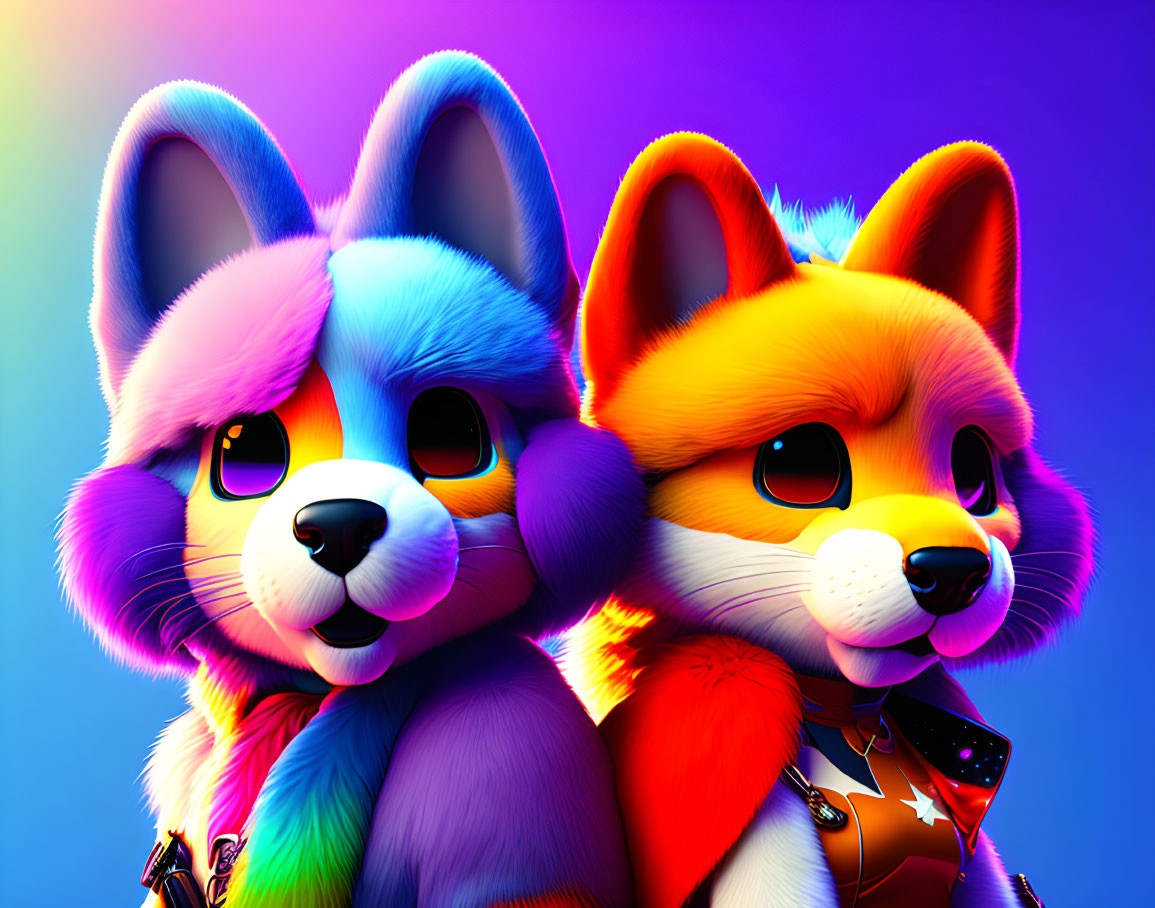 Vibrant anthropomorphic foxes with expressive eyes on gradient background