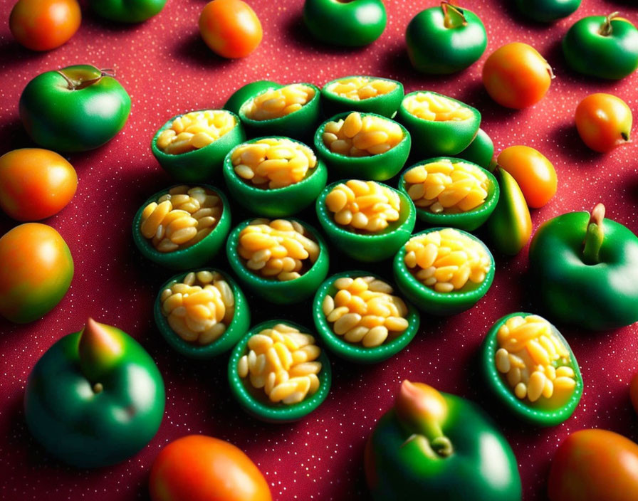 Colorful Whole Tomatoes and Halved Green Bell Peppers on Red Background