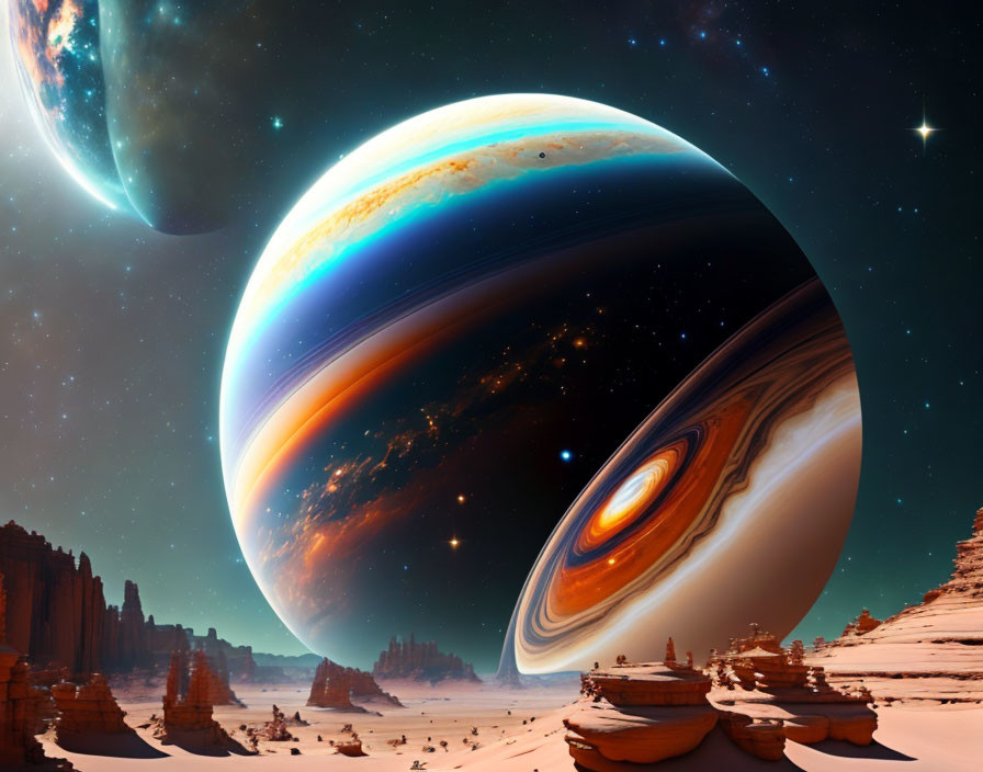 Giant ringed planet in vibrant sci-fi landscape