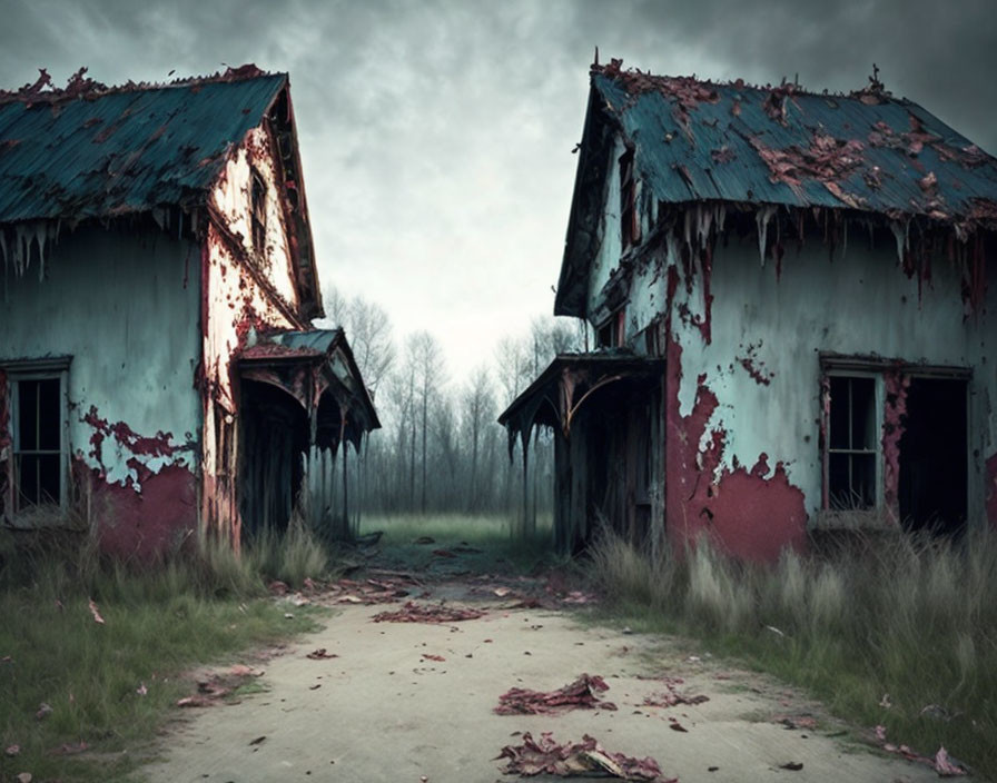 Abandoned houses with peeling paint and rusted roofs under gloomy sky