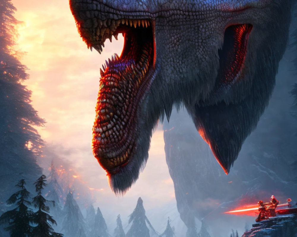 Gigantic dragon head overlooking snowy forest with figure and lightsaber