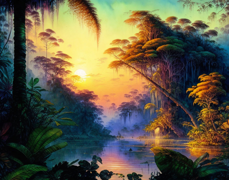 Lush Jungle Scene with Exotic Trees and Tranquil River at Sunrise