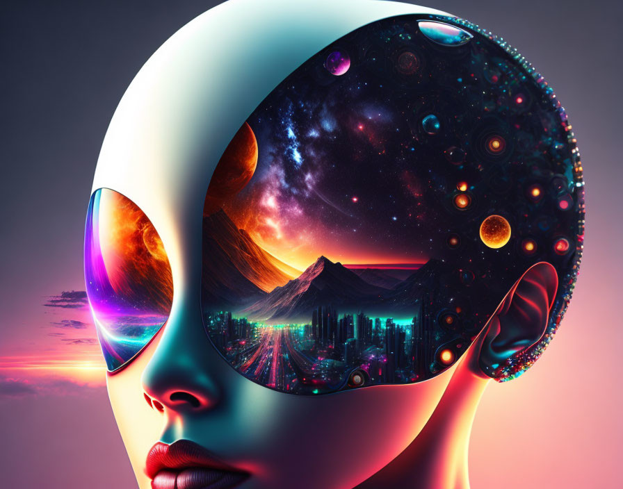 Surreal artwork: Human-like figure, cosmic elements, futuristic cityscape, vivid sunset palette