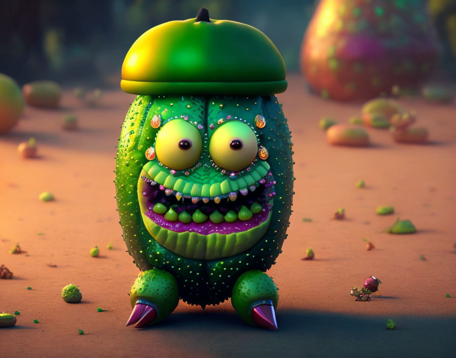 Whimsical 3D illustration of a smiling green pickle character with beret