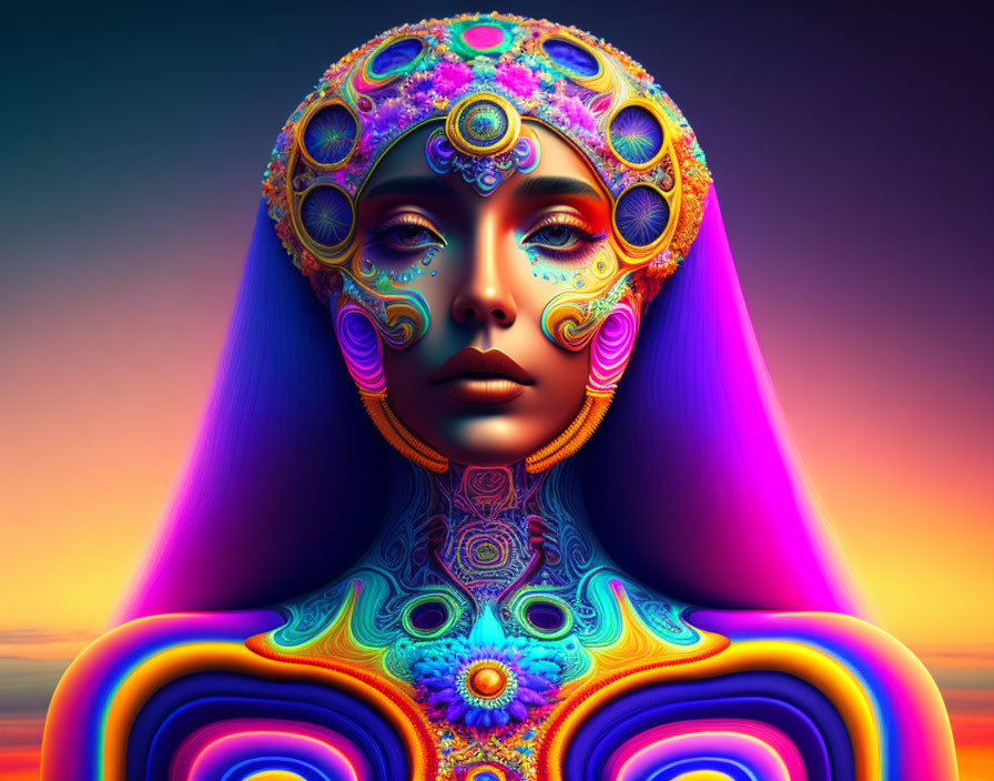 Colorful Woman Artwork with Psychedelic Patterns on Sunset Sky