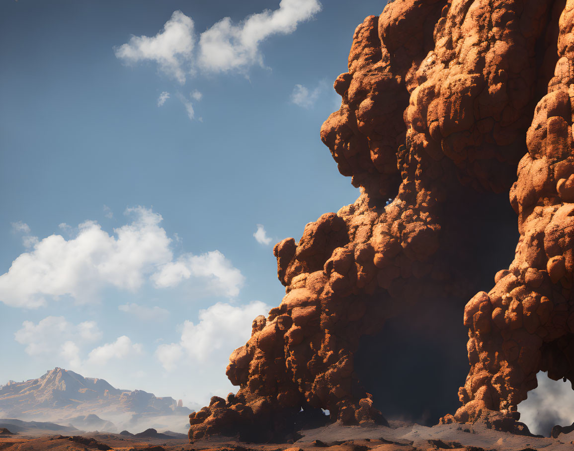 Red rocky formation with spherical clusters under a blue sky: Surreal alien landscape