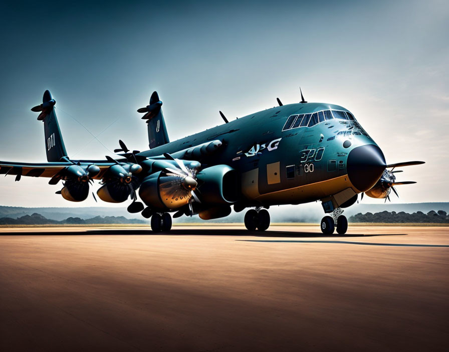 Military transport aircraft with four propeller engines on a dusk runway