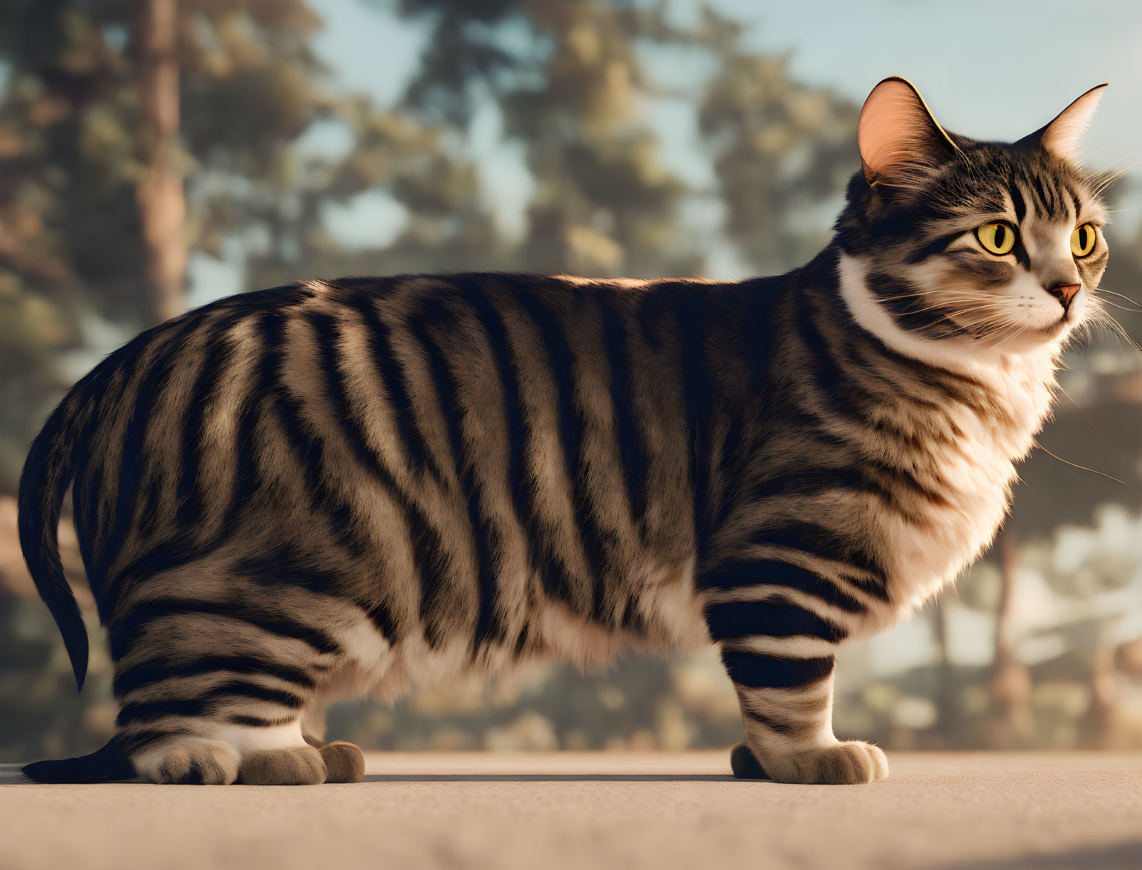 Alert striped cat with prominent markings in warm lighting, trees in background