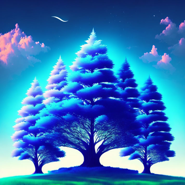 Colorful digital artwork: Blue trees under surreal twilight sky with comet.