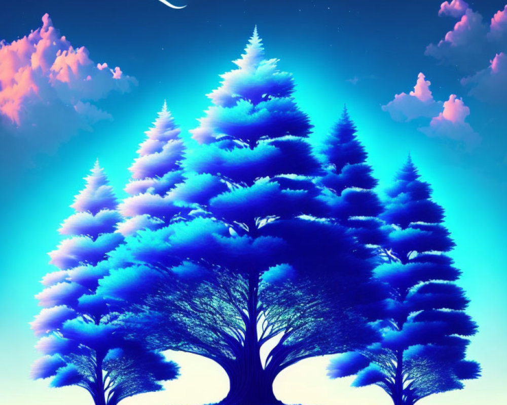 Colorful digital artwork: Blue trees under surreal twilight sky with comet.