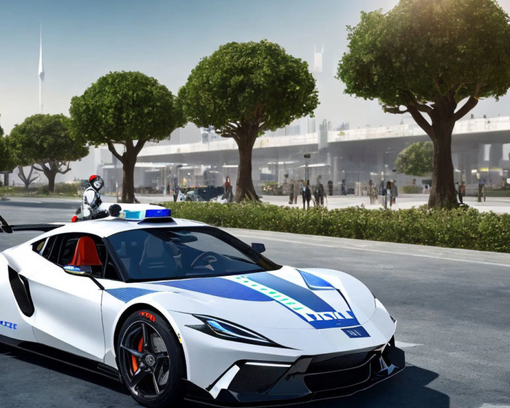 White Police Supercar with Blue and Black Livery and Flashing Lights Parked on Roadside