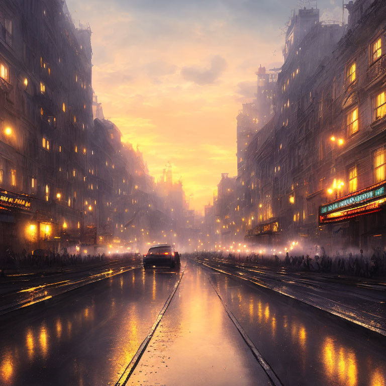 City street at dusk with glowing car taillights and illuminated buildings under golden sunset