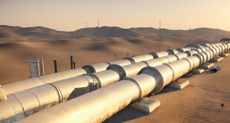 Pipeline in Desert Landscape with Sunset Glow