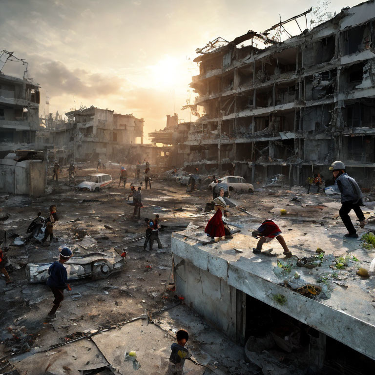 War-torn urban landscape at sunset with debris and people navigating ruins