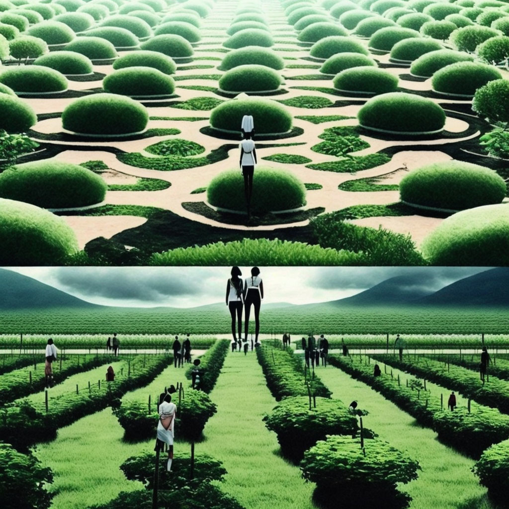 Symmetrical garden with lush hedges and mountain view