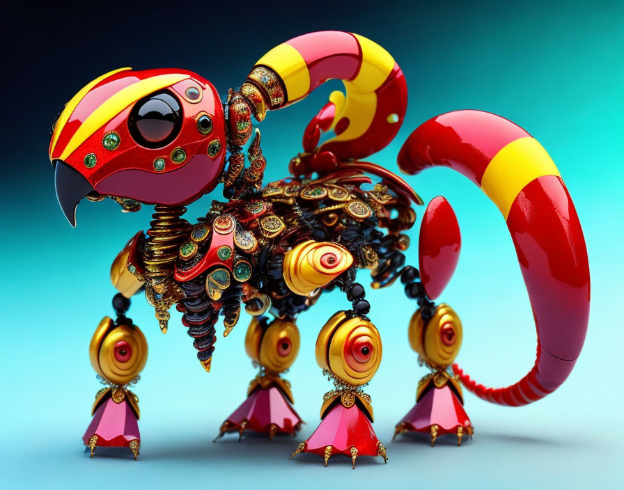 Colorful Mechanical Parrot with Golden Gears and Jeweled Accents