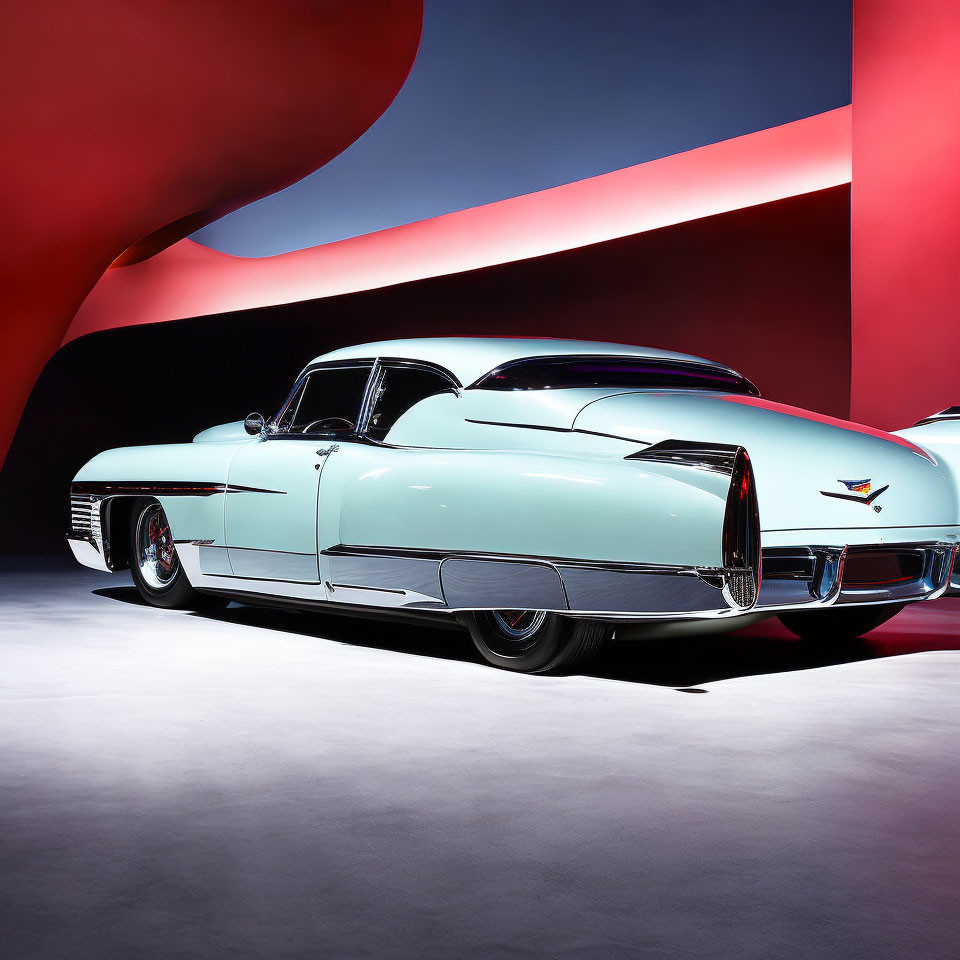 Classic Vintage Light Blue Cadillac with Red and Blue Lighting