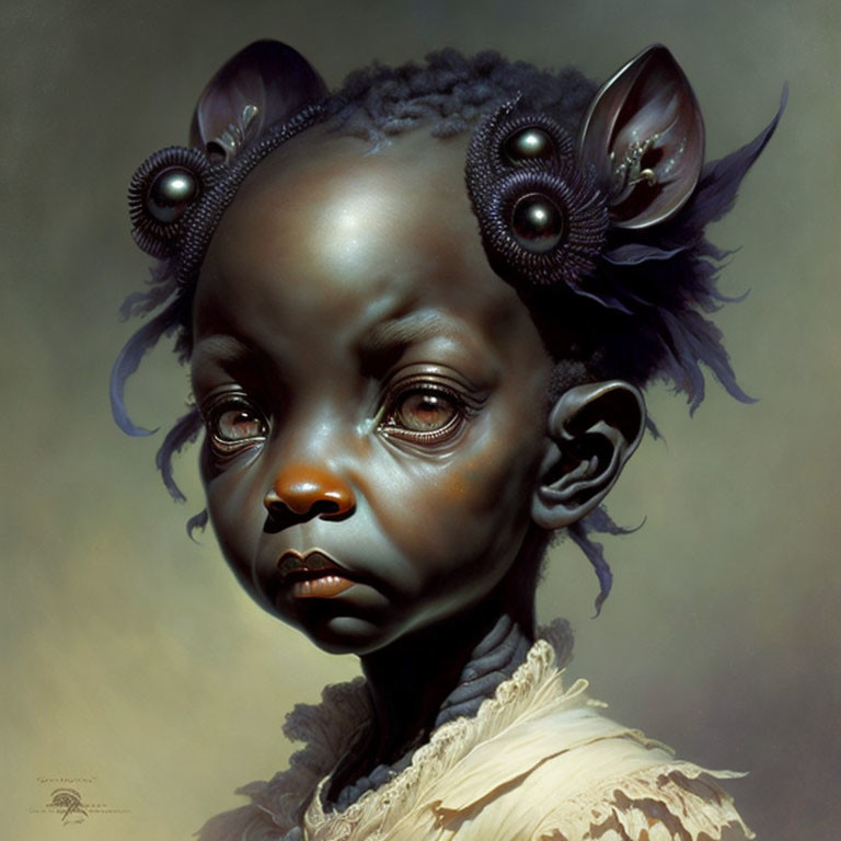 Child portrait with soulful eyes and fantastical features on muted background