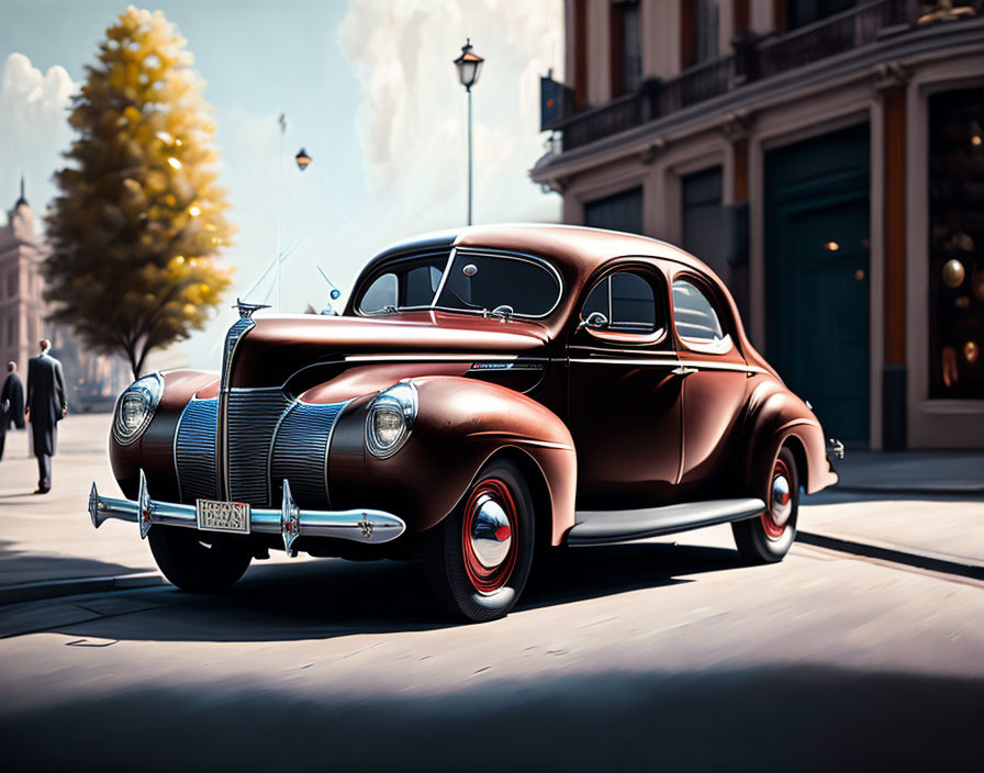 Vintage Brown Car Parked on Sunlit Street with Blurred Background Buildings and Pedestrians